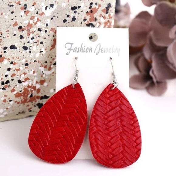 Red Braided Leather Leaf Tribal Drop Earrings - Picture 3 of 5